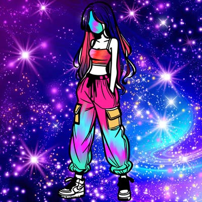 girl in baggy pants crop top and long hair