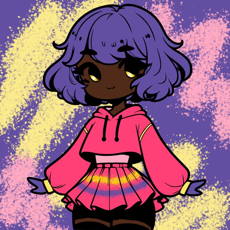 cute femboy with short, fluffy hair that softly frames their face, wearing a cropped hoodie, paired with a flouncy short skirt, and thigh-high stockings