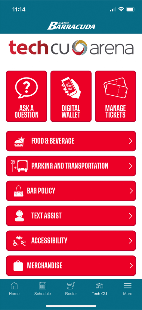 San Jose Sharks + SAP Center - Mobile app interface for Tech CU Arena venue information and guest services