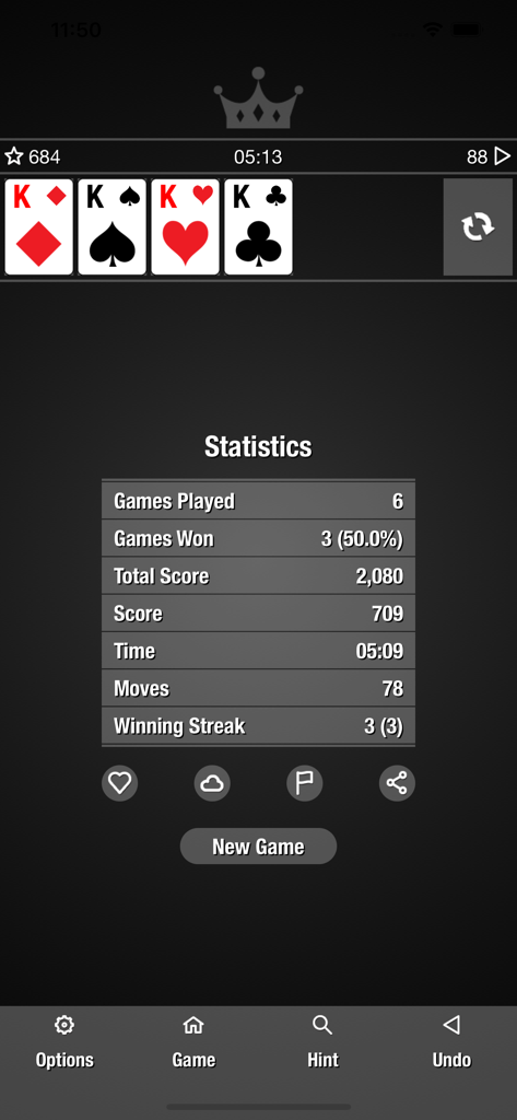 Simple Classic Solitaire - Statistics screen of Simple Classic Solitaire showing games played, win percentage, score, and time.