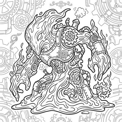 Ignite your imagination with this thrilling Steampunk Fire Slime coloring page, blending molten fire with intricate industrial designs. This unique creature, adorned with gears and steam vents, offers a captivating challenge for artists of all ages.