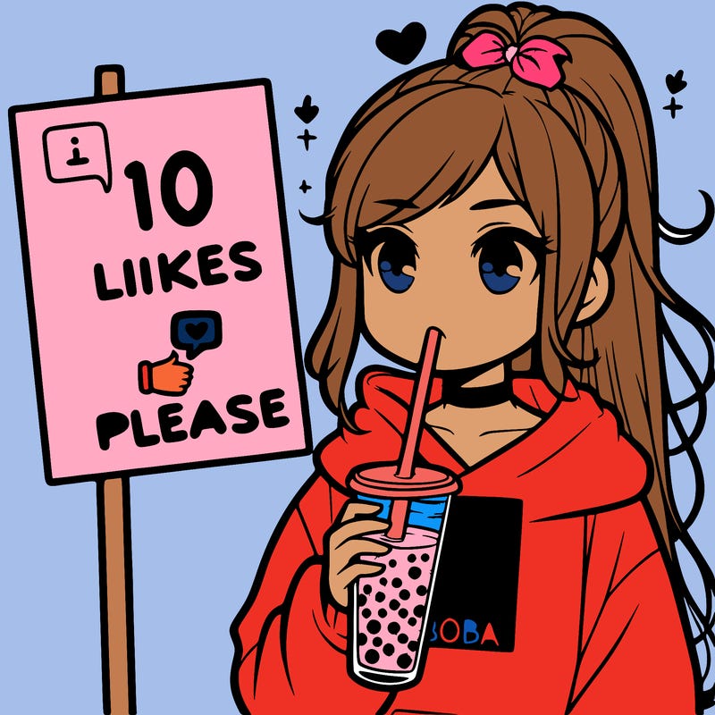 girl with a high ponytail and a hoodie drinking boba staring at a sign saying 10 likes please