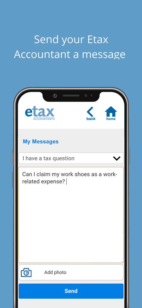 Smartphone screen displaying the Etax Mobile App messaging interface to ask an accountant a tax question