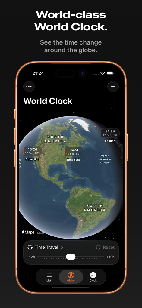 Ora: World Clock - Ora World Clock app interface displaying a 3D globe with time zones on iPhone