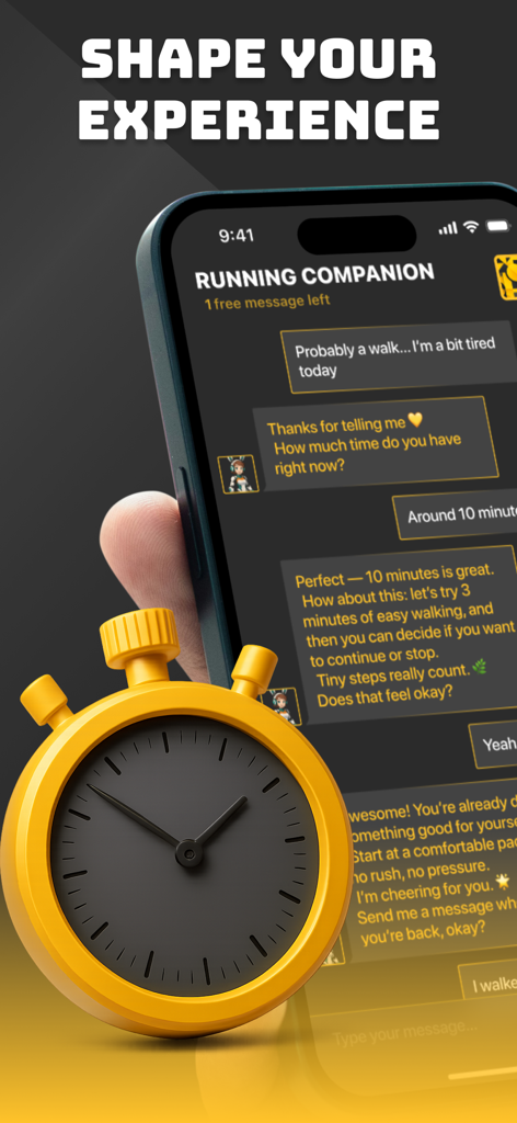 Vai de bem Sports - Mobile app interface of Vai de bem Sports showing an AI running companion chat and a stopwatch.