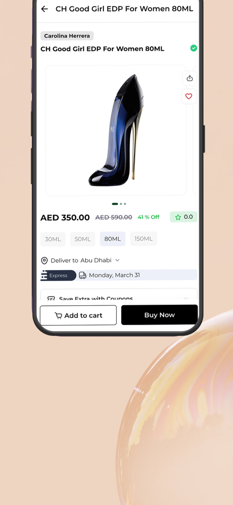 V Perfumes:Buy Perfumes Online - V Perfumes mobile app product page showing Carolina Herrera Good Girl EDP for women with price and shopping buttons