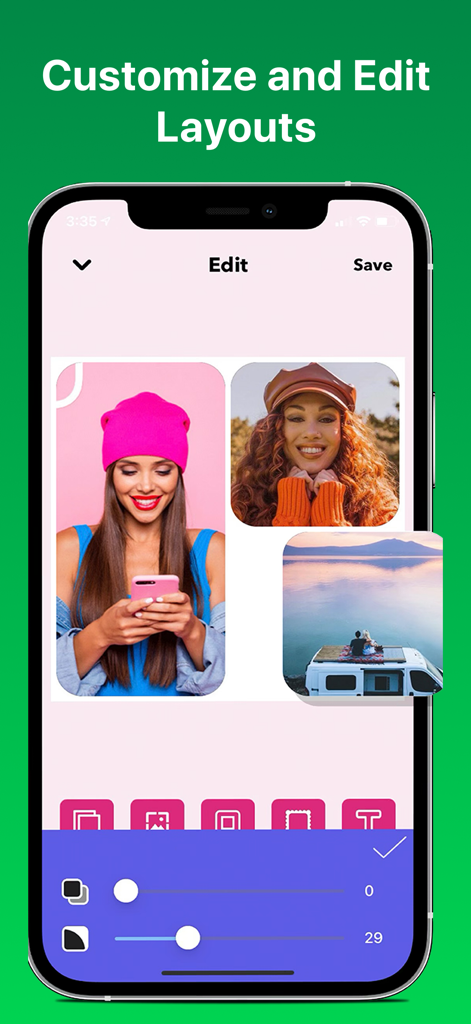 PicMerger Edit Pics & Collages - Interface of PicMerger app showing customization of photo layouts and borders