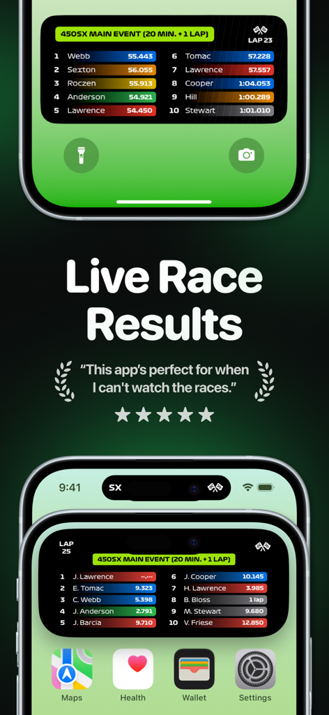 SMX Live for AMA Supercross - SMX Live app live race results and standings on iPhone lock screen and dynamic island widgets