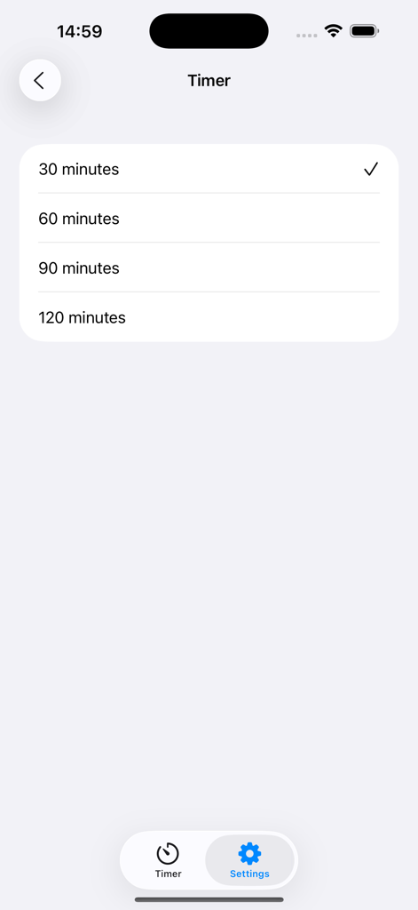 Pantalla de ajustes de la aplicación Chef Timer que muestra una lista de duraciones de cocción preestablecidas de 30 a 120 minutos