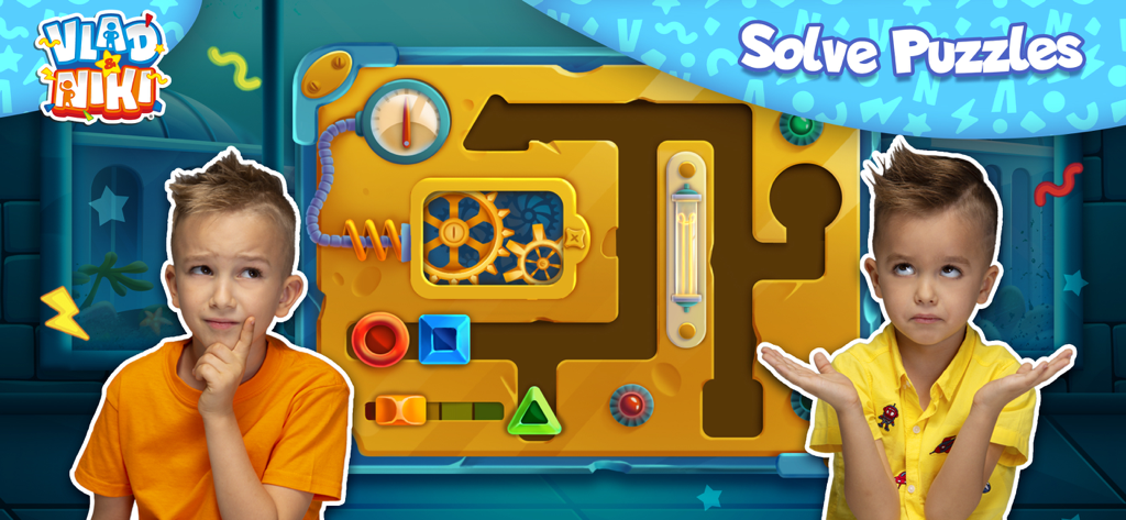 Vlad and Niki next to a colorful mechanical puzzle board with gears and shapes.