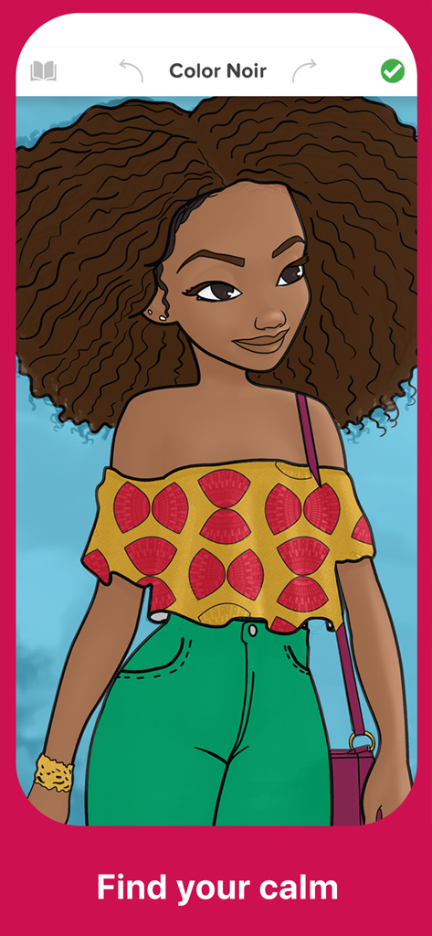 Digital illustration of a Black woman with natural hair from the Color Noir coloring book app.