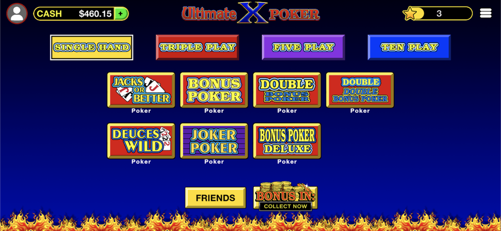 Ultimate X Poker - Video Poker - アルティメットXポーカーのメインメニュー。ジャックス・オア・ベターやデュースワイルドなどのビデオポーカーバリエーションやゲームモードが表示されています。