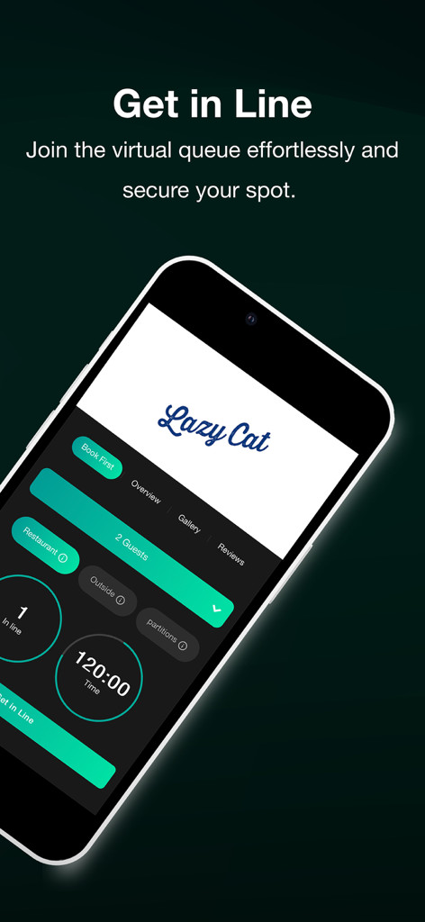 Interface de l'application mobile Wddk montrant une file d'attente virtuelle de restaurant pour Lazy Cat avec sélection de l'invité et des sièges