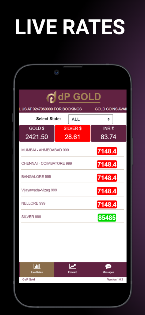 DP Gold app interface showing live gold and silver spot prices with currency conversion