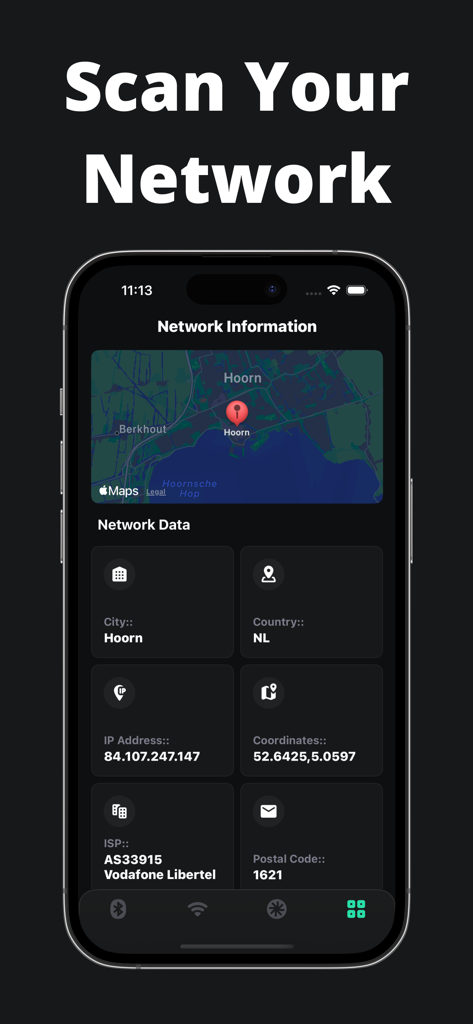 Find: My Phone + Devices Air - Find My Phone app showing network information including IP address, ISP, and location on a map.