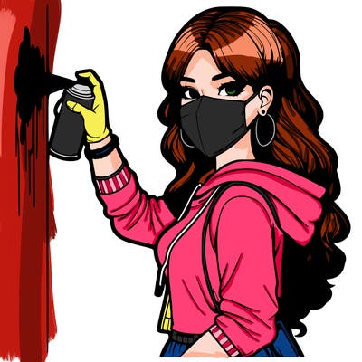 realistic girl with mask spray painting a wall