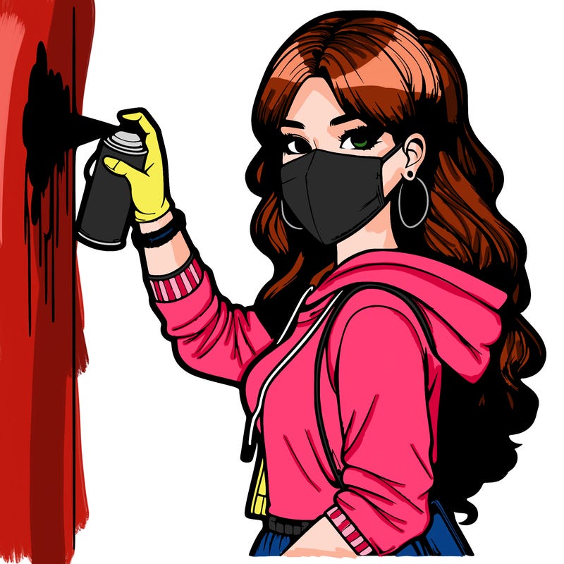 realistic girl with mask spray painting a wall