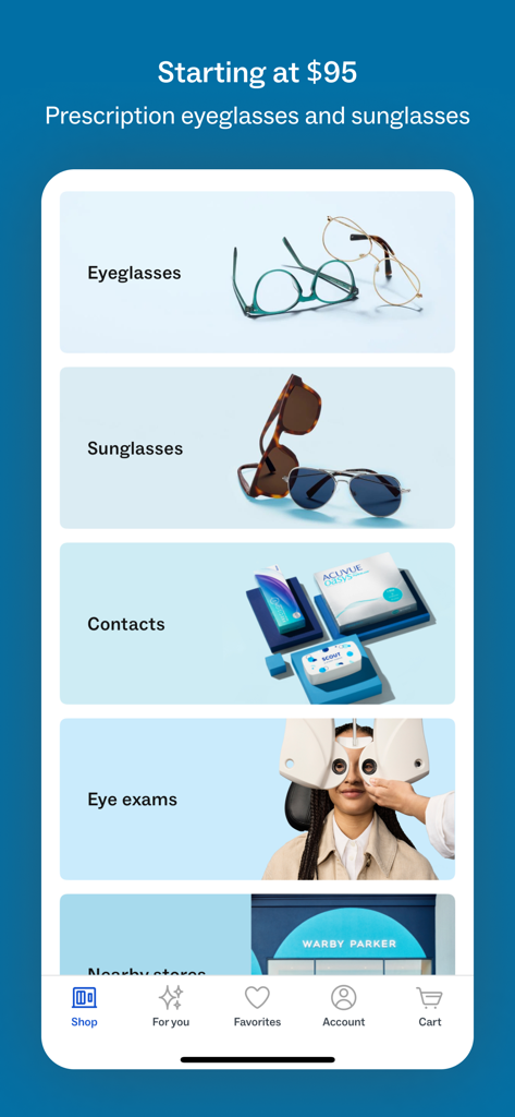 Warby Parker - 안경, 선글라스, 콘택트렌즈 및 시력 검사 카테고리를 보여주는 Warby Parker 모바일 앱 쇼핑 화면