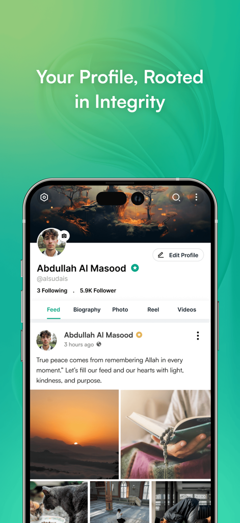 Hikmah social media app user profile interface displaying a feed with Islamic quotes and photography