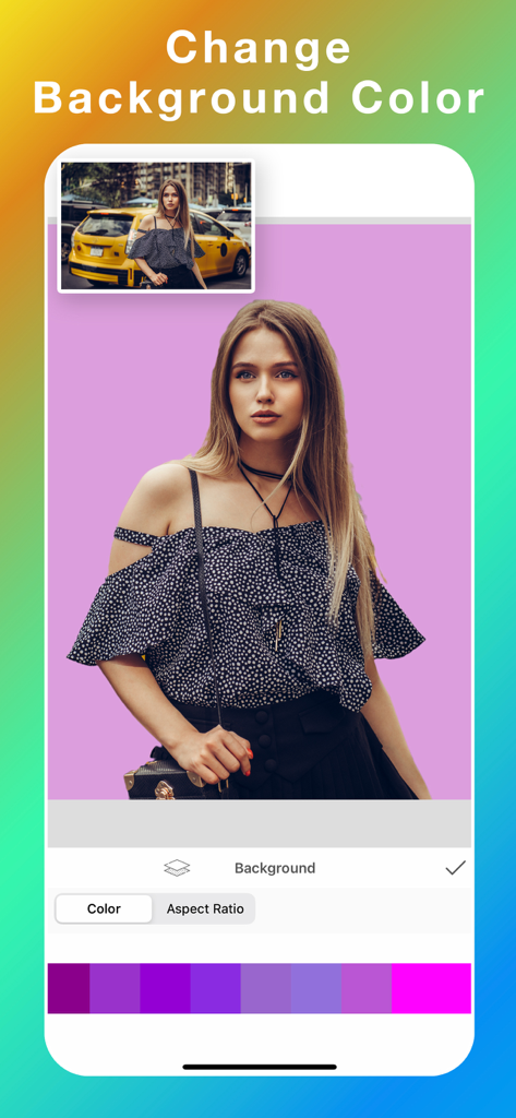 Background Eraser: Bg Remover+ - Interface of the Background Eraser app showing a woman with a city background being changed to a solid purple background.