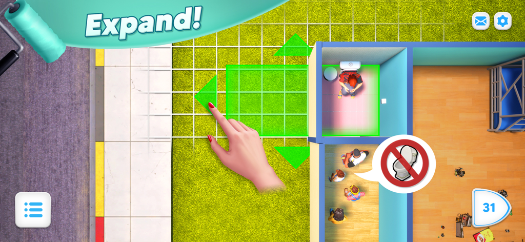 Modern Community gameplay showing a hand expanding a room layout