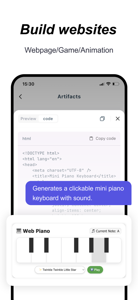 Nice AI Spark - Nice AI Spark mobile interface showing AI-generated code and a preview of a clickable web piano keyboard.