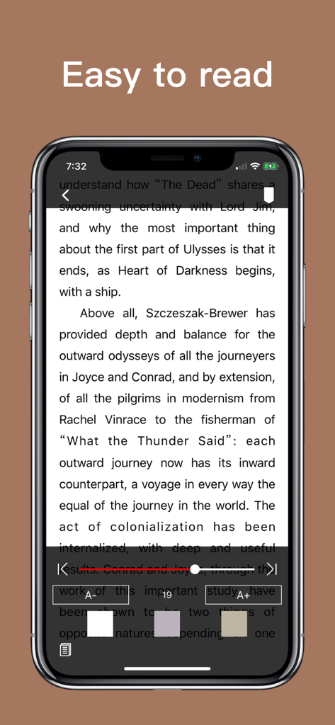 Epub Reader app interface on an iPhone showing adjustable font size and background color settings for an easy reading experience