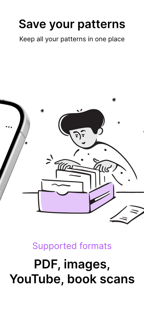 Knitflow — Knitting & Crochet - Una pantalla que muestra la función de almacenamiento de patrones en la aplicación Knitflow para organizar patrones de tejido y crochet