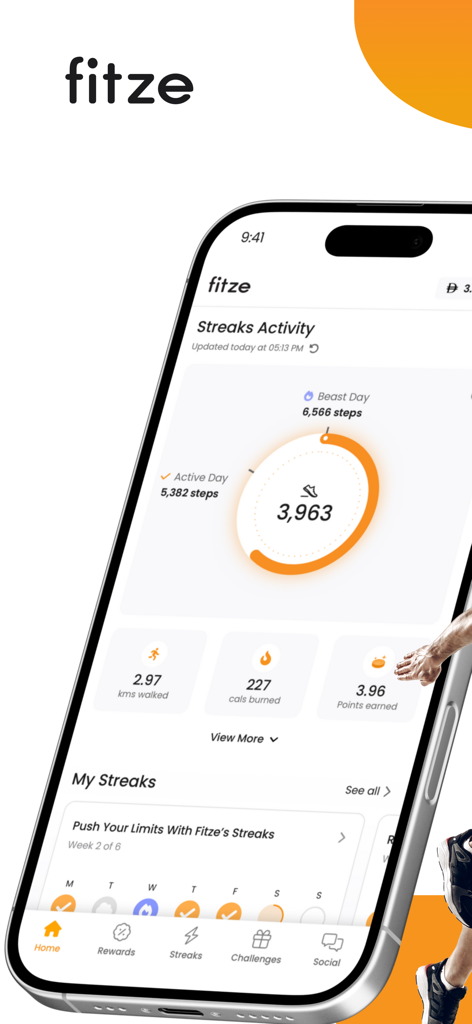 Fitze-Get Rewarded for Walking - Interfaz de la aplicación Fitze que muestra la actividad de seguimiento de pasos y puntos de recompensa