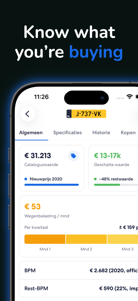 Qenteken-App-Oberfläche mit Fahrzeugbewertung und Kfz-Steuer-Informationen für ein niederländisches Kennzeichen.