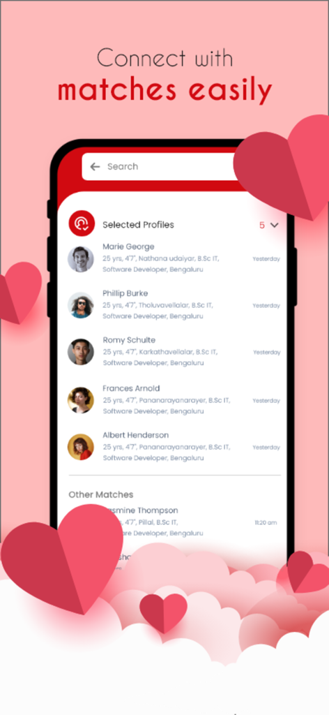 Kalyan Matrimony® Marriage App - Kalyan Matrimony app interface showing a list of selected profile matches for marriage.
