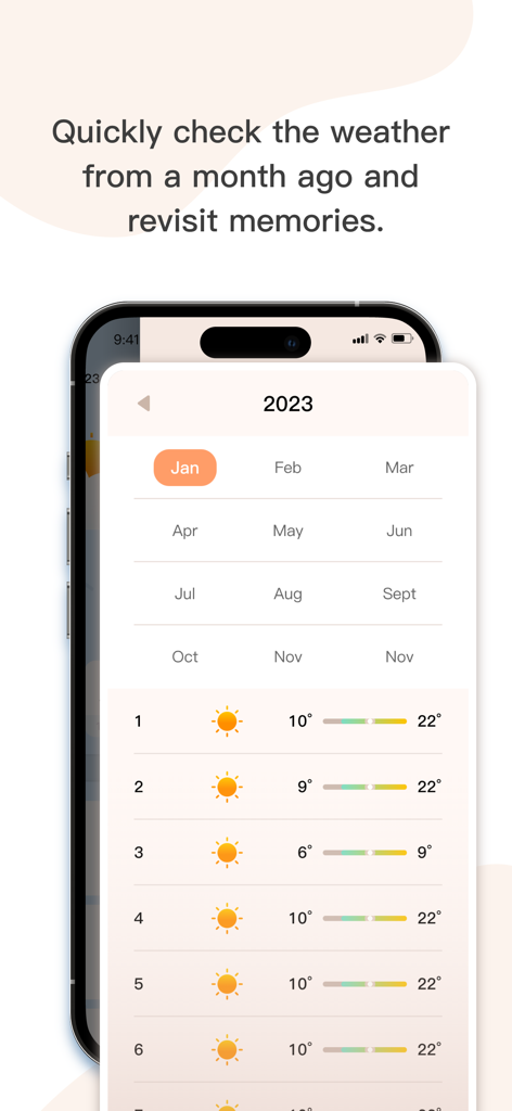 Interface of the Weather Timeline app displaying historical weather data and daily temperature records for January 2023