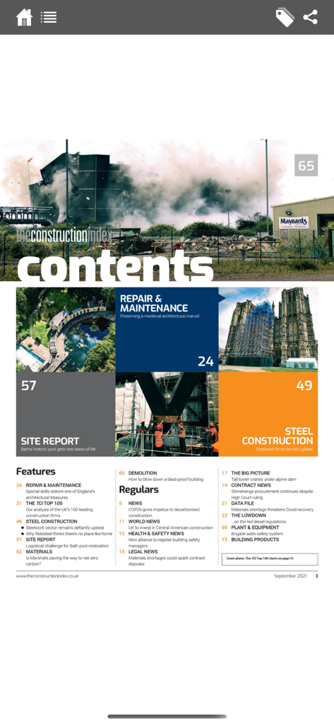 Table of contents page of The Construction Index Magazine mobile app featuring industry news and reports.