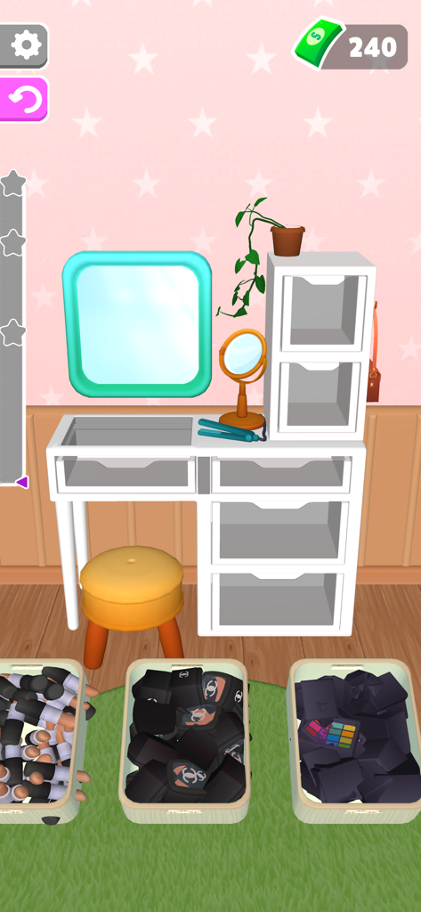 A 3D organization puzzle level showing a white vanity desk and baskets of makeup products to be sorted