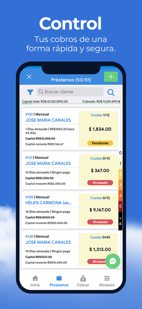 Interfaz de la aplicación Préstamos CLOUD que muestra una lista de préstamos con estados de pago y montos