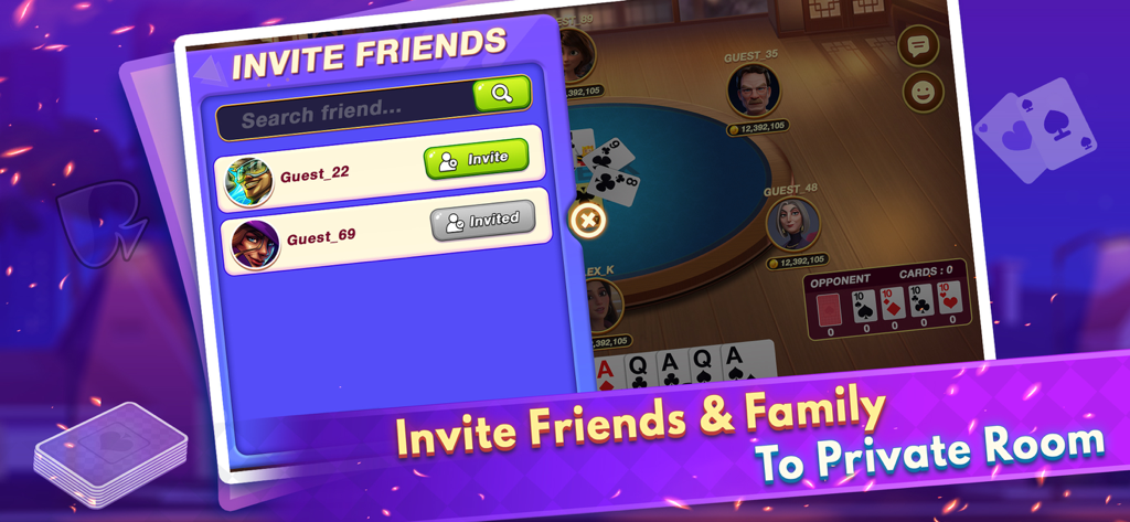 Mindi Multiplayer - Mindi Multiplayer card game screen showing how to invite friends to a private room
