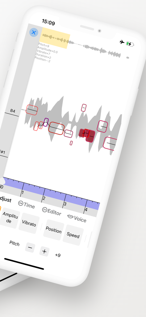 TunerLab Audio Editor - Interface do aplicativo TunerLab mostrando correção de afinação baseada em notas e controles de edição de forma de onda de áudio
