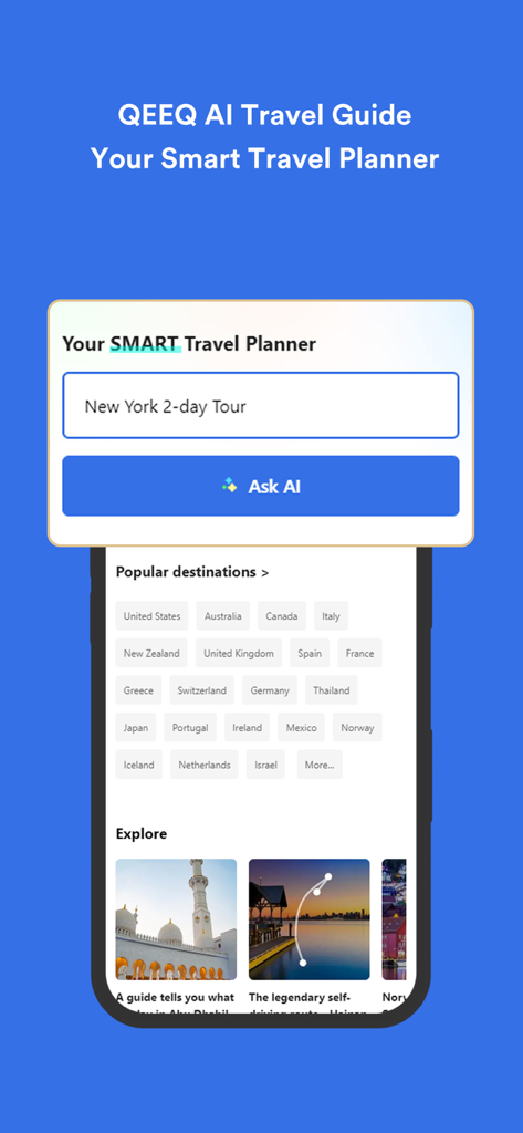 Interface of the QEEQ AI Travel Guide showing a smart trip planner with popular destinations and an Ask AI search bar