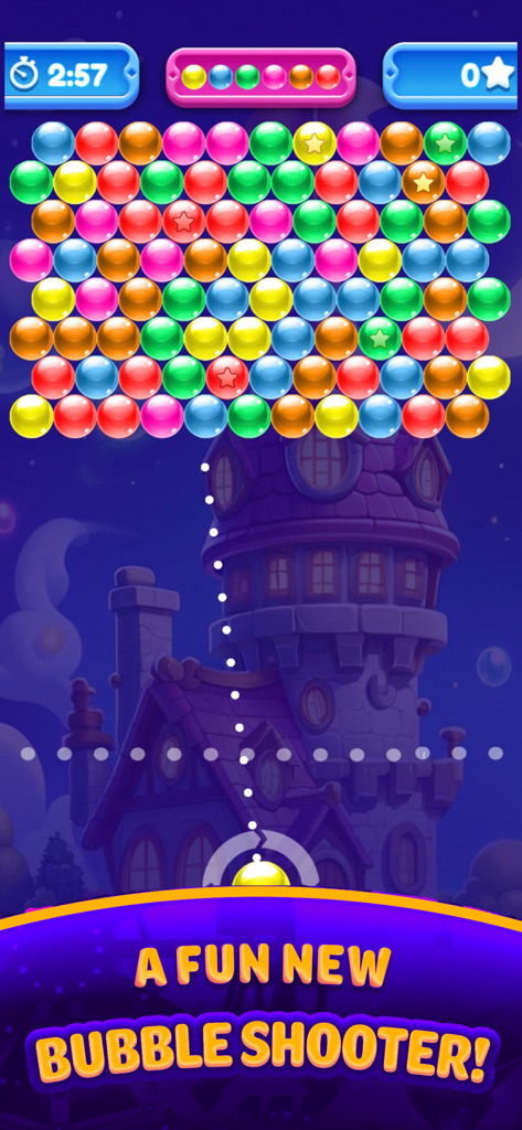 Real Cash Bubble Buzz Shooter - Gameplay screen of Real Cash Bubble Buzz Shooter showing a colorful bubble popping grid and a magical tower background