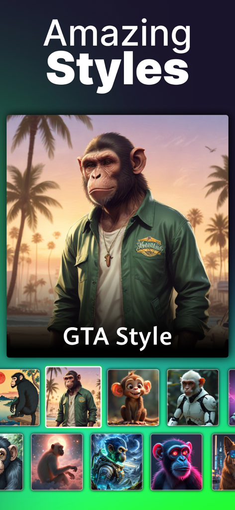 AI image generator app interface displaying various artistic styles including a GTA inspired chimpanzee illustration