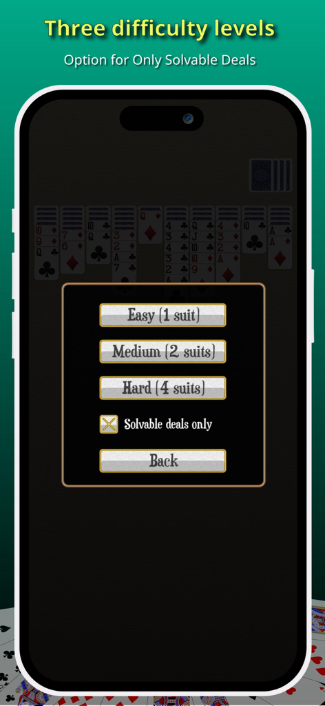 Black Widow - Spider Solitaire - Black Widow Spider Solitaire game menu showing Easy Medium and Hard difficulty levels and a solvable deals option.