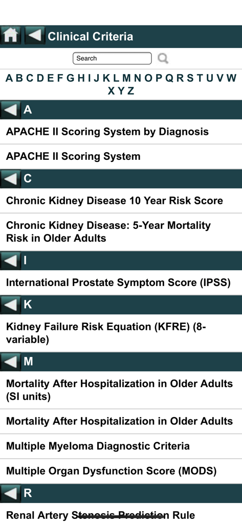 EBMcalc Kidney - Screenshot of the clinical criteria menu in the EBMcalc Kidney app displaying an alphabetical list of medical scoring systems and risk equations