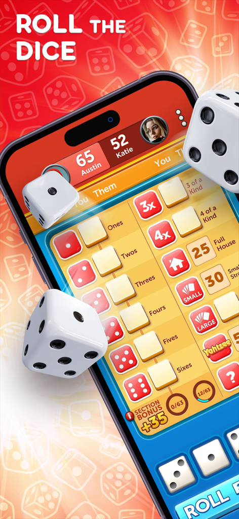 Mobile screen showing the digital scorecard and rolling dice in the Yahtzee with Buddies game.