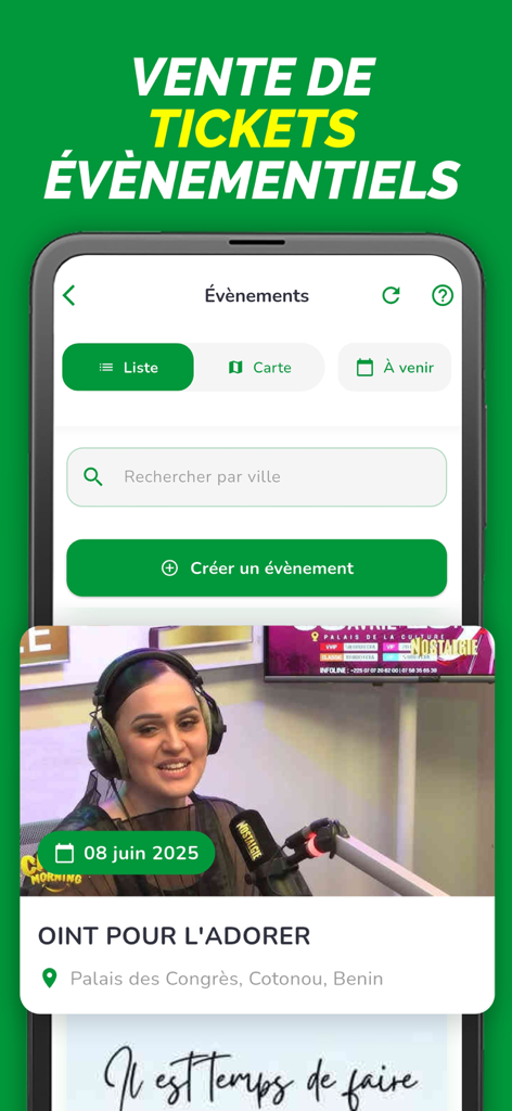 RMobility Afrique - Verkaufsfläche für Veranstaltungstickets in der RMobility Afrique App, die lokale Veranstaltungen in Cotonou, Benin, zeigt