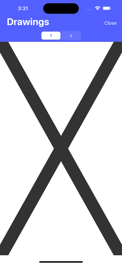 Graphic P-DTR - Interface of the drawings section in the Graphic P-DTR app showing a large cross symbol