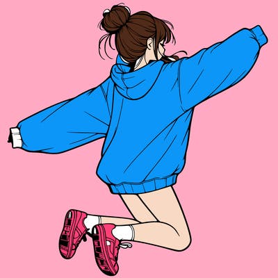 realistic girl jumping with a bun and oversized sweatshirt