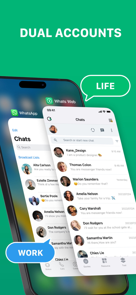 Capture d'écran de l'application WA Web montrant des interfaces de chat séparées pour le travail et la vie personnelle sur un seul smartphone.