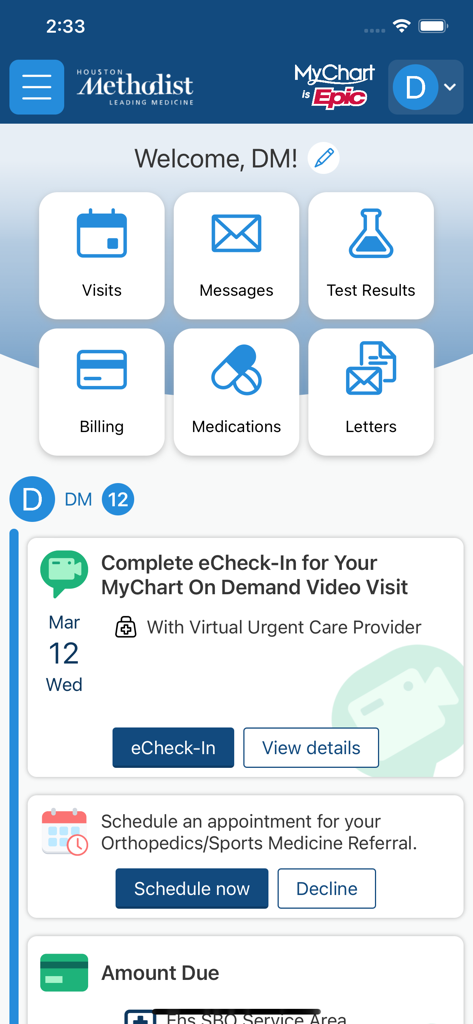 MyMethodist - Dashboard of the MyMethodist app displaying patient health management tools like appointment scheduling, test results, and billing.