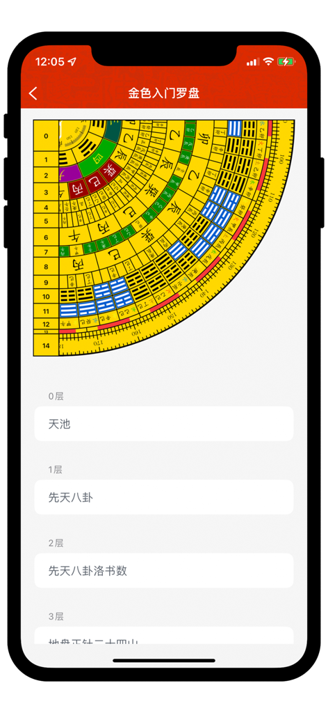 巨峰风水罗盘-指南针奇门遁甲排盘 - Detailed interface of Ju Feng Feng Shui Compass app displaying professional Luo Pan layers and technical descriptions