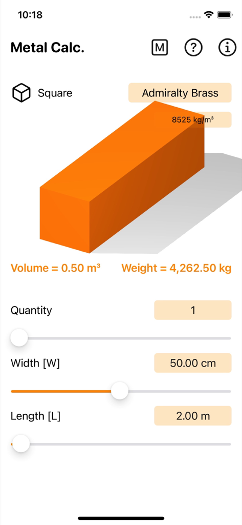 Interface de l'application Metal Calculator Plus montrant un calcul de poids et de volume pour une barre carrée en laiton Admiralty avec un aperçu 3D.
